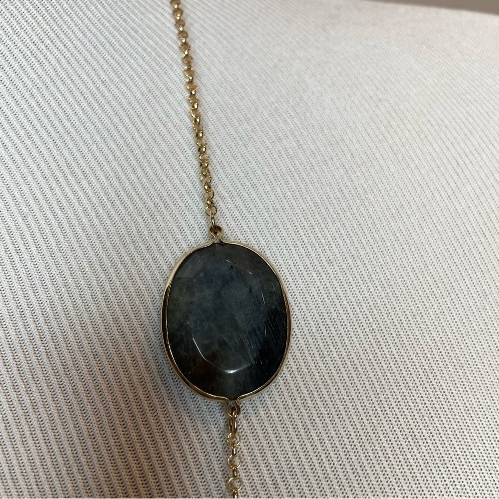 Marlyn Schiff Faceted Glass Long Necklace Gold Tone Chain Green Blue Grey Glass - Picture 5 of 6